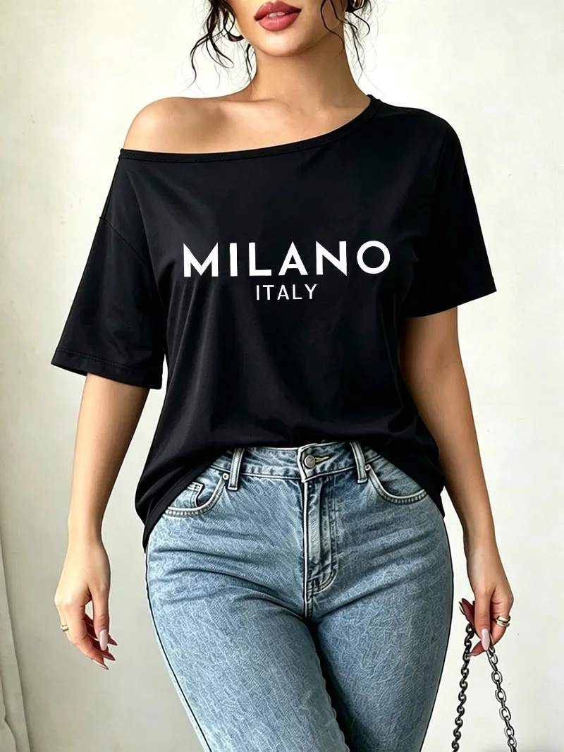 90s Off Shoulder Y2K Fashion Milano Italy Letter Print Shoulder Loose  T-shirt Graphic Tee Women's Top Summer Top Girls
