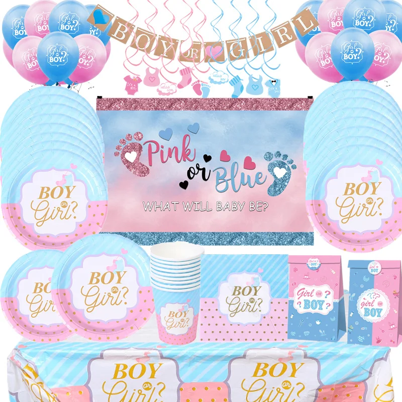 Ensemble de vaisselle jetable rose bleu pour garçon ou fille, révélation du sexe, fête prénatale, assiettes en papier, tasses, bannière, décoration de ballons