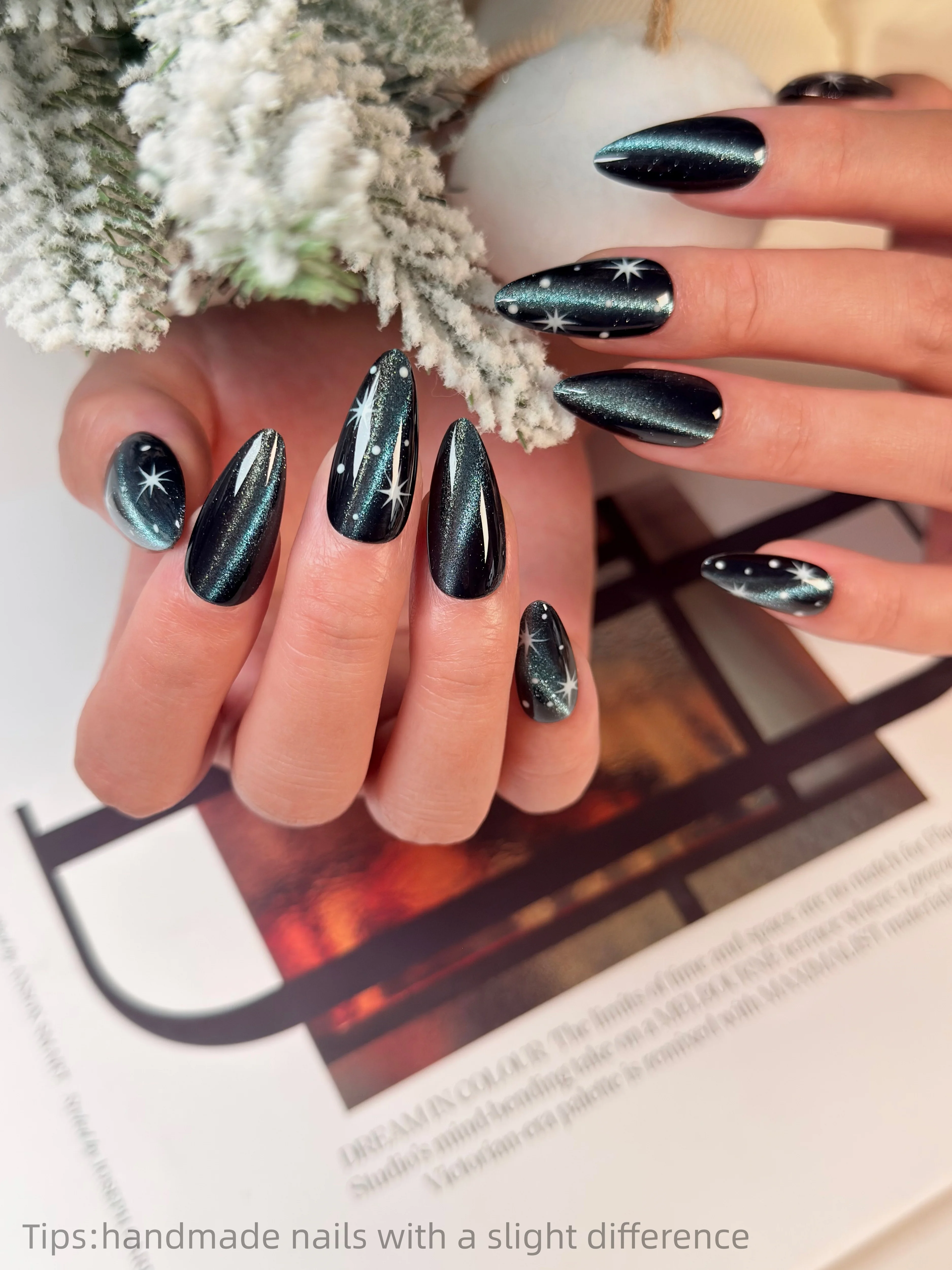 10pcs Handmade Dark Blue Star Glitter Cat eye Press on Nails Almond Long Wearable Reusable INS Fashion False Nails 2026