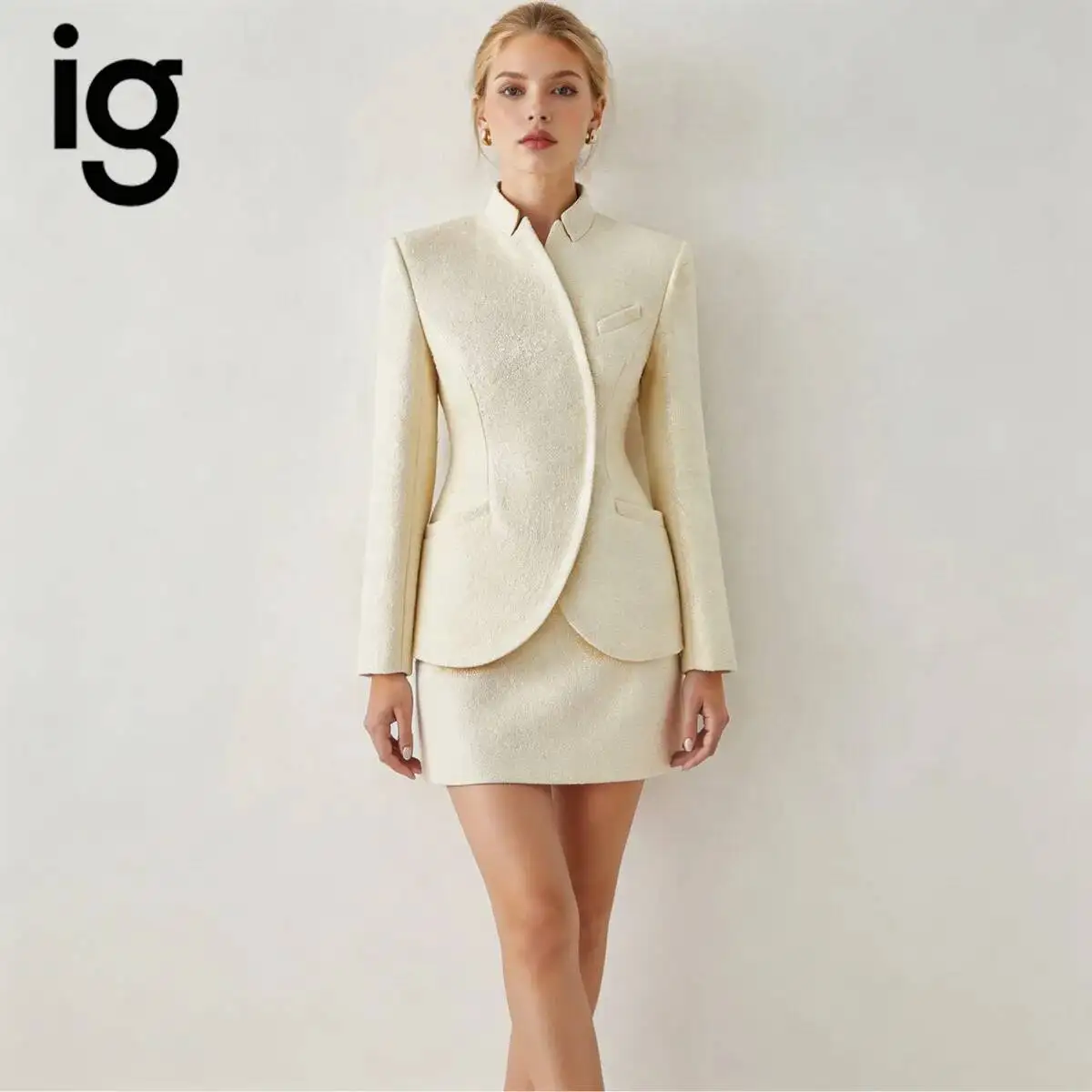 IG Women Cream Single jacket Textured Blend Blazer