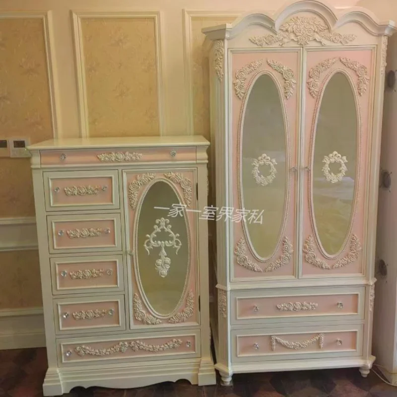 French retro old solid wood carving flower double door wardrobe with drawers American children princess cabinet bedroom locker f