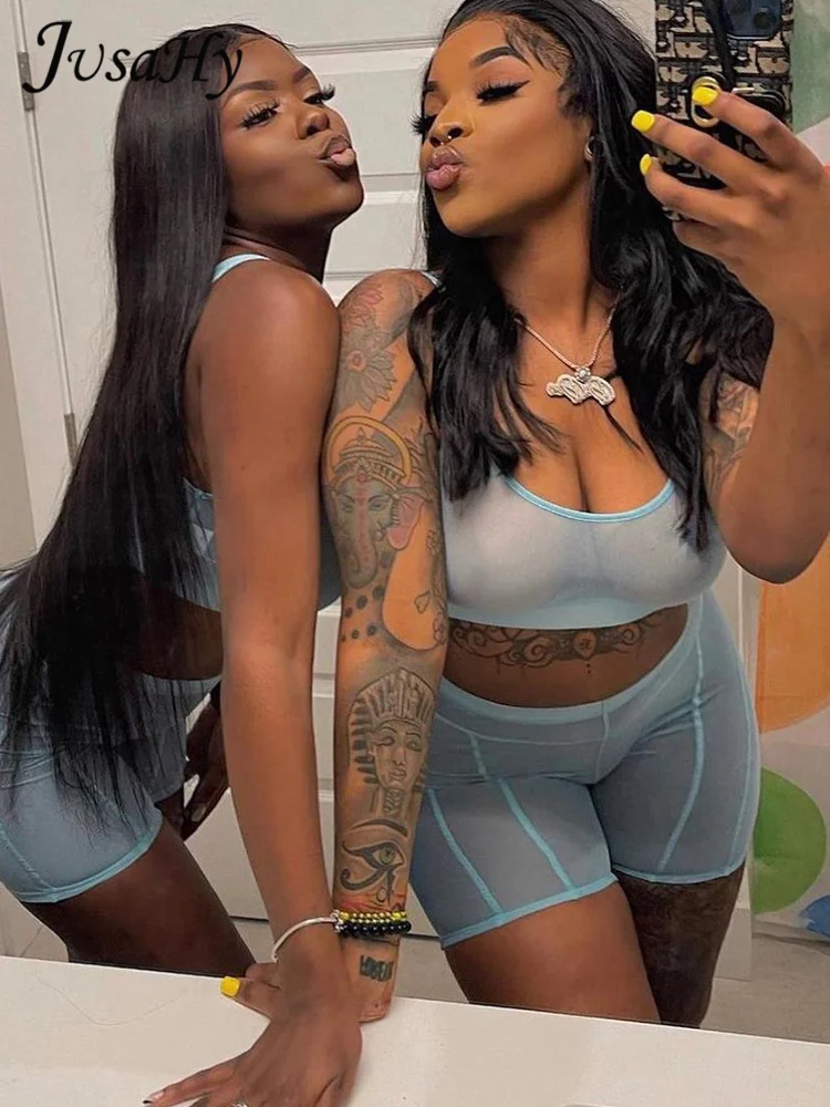 JuSaHy Sexy See Through Solid Women's Two Pieces Sets Crop Top+High Waist Shorts Matching Outfits Casual High Streetwear New