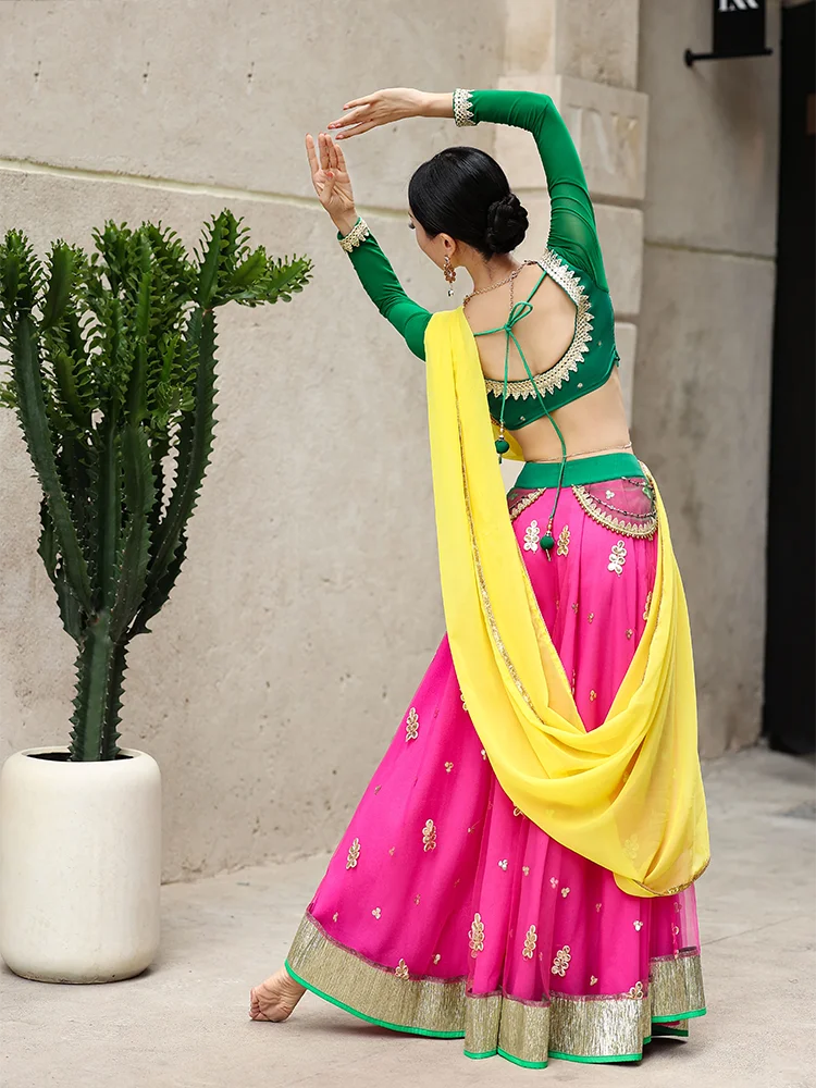 Female Indian Traditional Dance Dress Long Sleeve Tops Skirt Bollywood Dance Saree Veil Suit Belly Dance Stage Clothing DQL10102 view 3