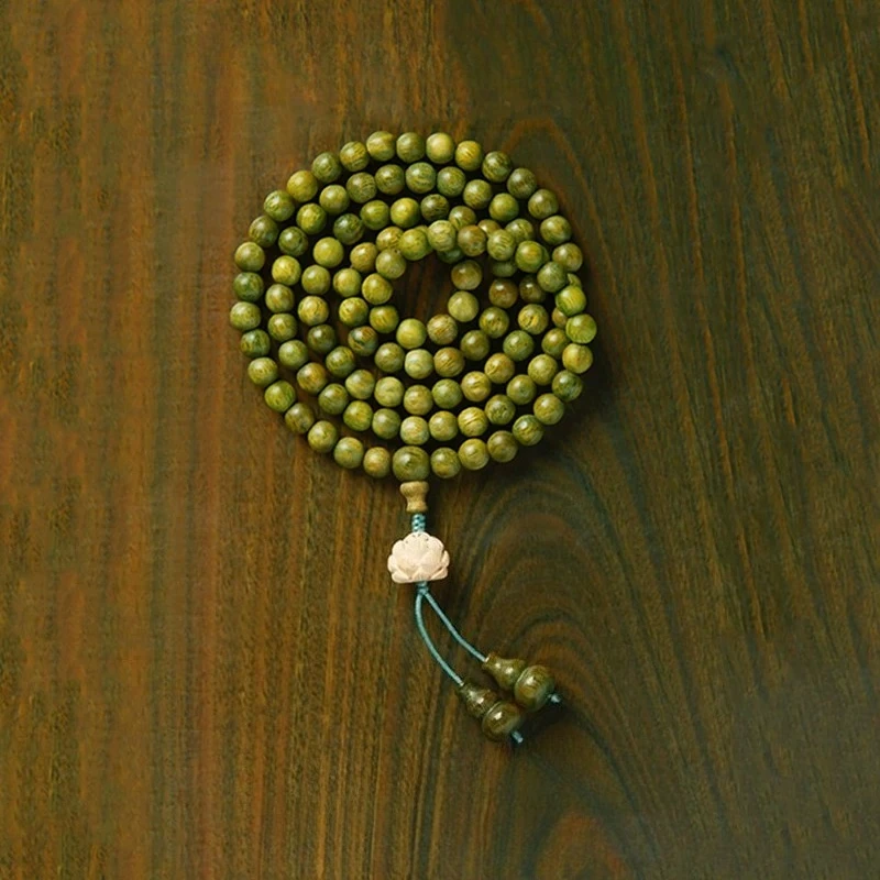Natural Green Sandalwood 108 Beads Multi Layer Bracelet Chinese Style Unisex Lotus Pendant Blessing Good Luck Fortune Prayer Bea