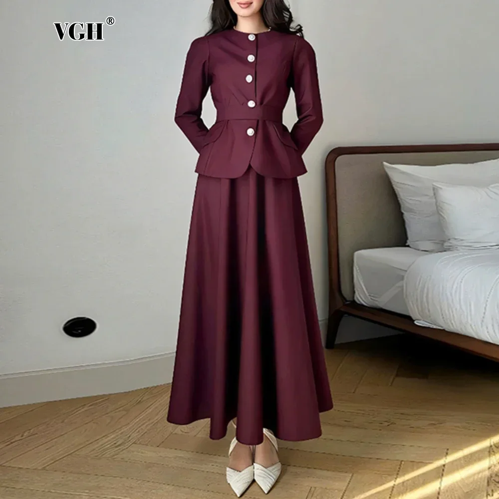 VGH Casual Solid Two Piece Set for Women O Neck Spliced Lace Up Top High Waist Pleated A Line Skirt Temperament Suit Female New