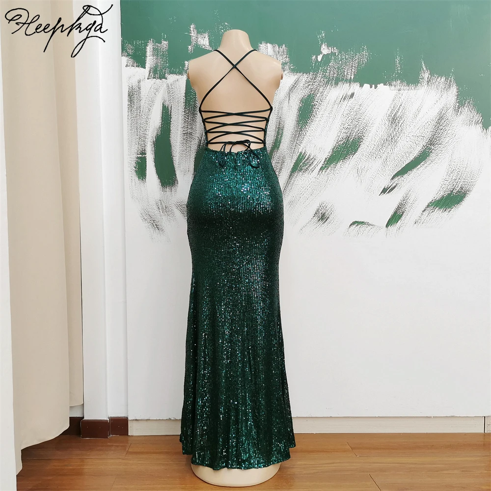 Green Mermaid Backless Long 2024 Evening Dress Stretchy Sequin Side Split Spaghetti Straps Women Formal Occasion Gowns In Stock