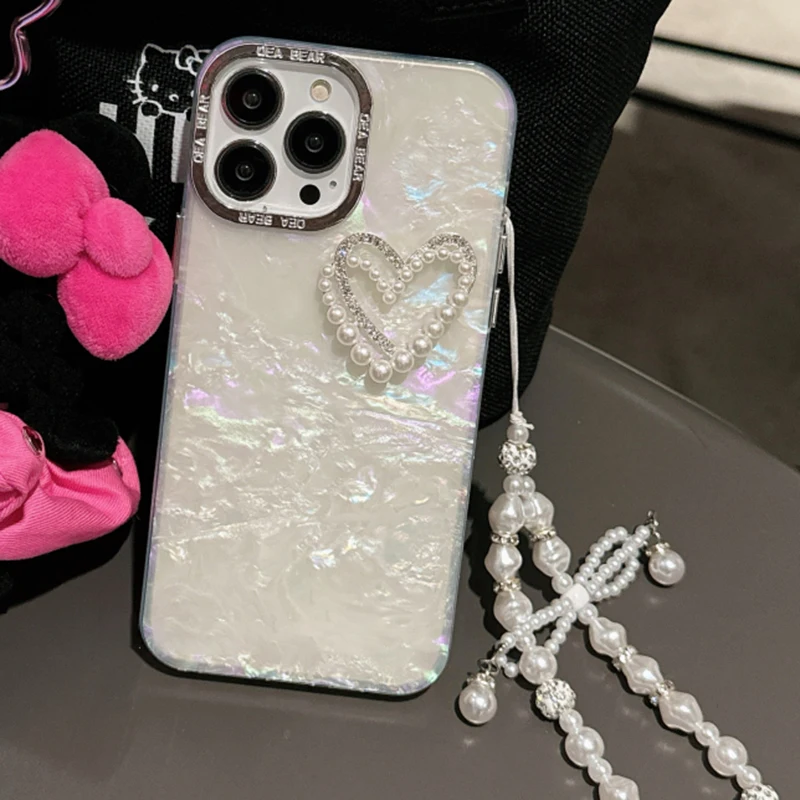 Luxury 3D Shell Pattern Love Pearl Bracelet Phone Case For iPhone 15 14 Pro Max Plus 13 12 11 Plating Frame Anti Fall Back Cover