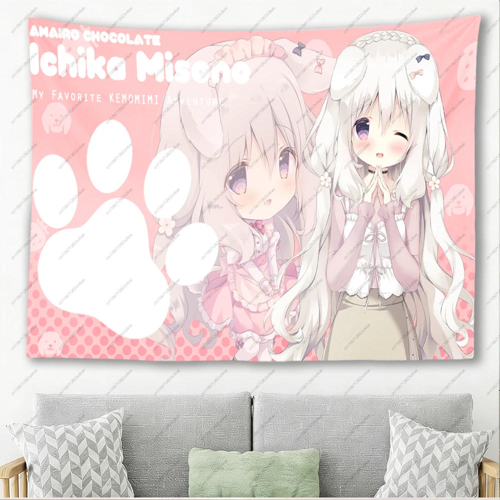 Cute Kawaii Anime Girls Wall Tapestry Pink Paw Pattern Wall Hanging Aesthetic Room Decor for Dorm Bedroom Living Room Otaku Home