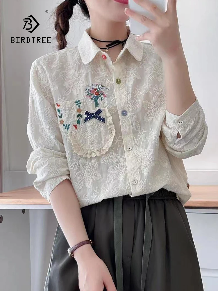 Neue Herbst Baumwolle Langarm Shirt, Frauen Revers Stickerei Tops, Mori Mädchen Japan Stil Pendeln Lose Bluse, Winter T4N516CC