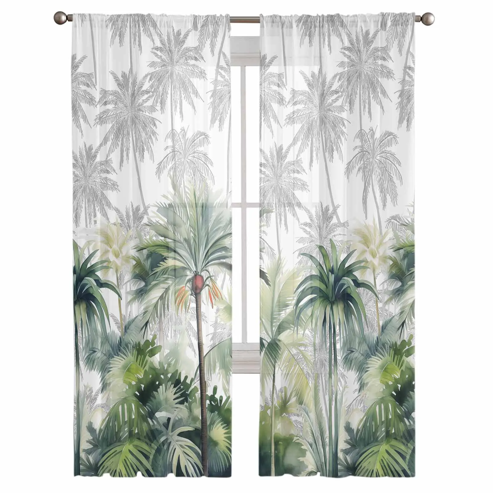 Summer Tropical Palm Trees Sheer Tulle Curtains for Living Room Valance Curtains Kitchen Bedroom Window Voile Drapery