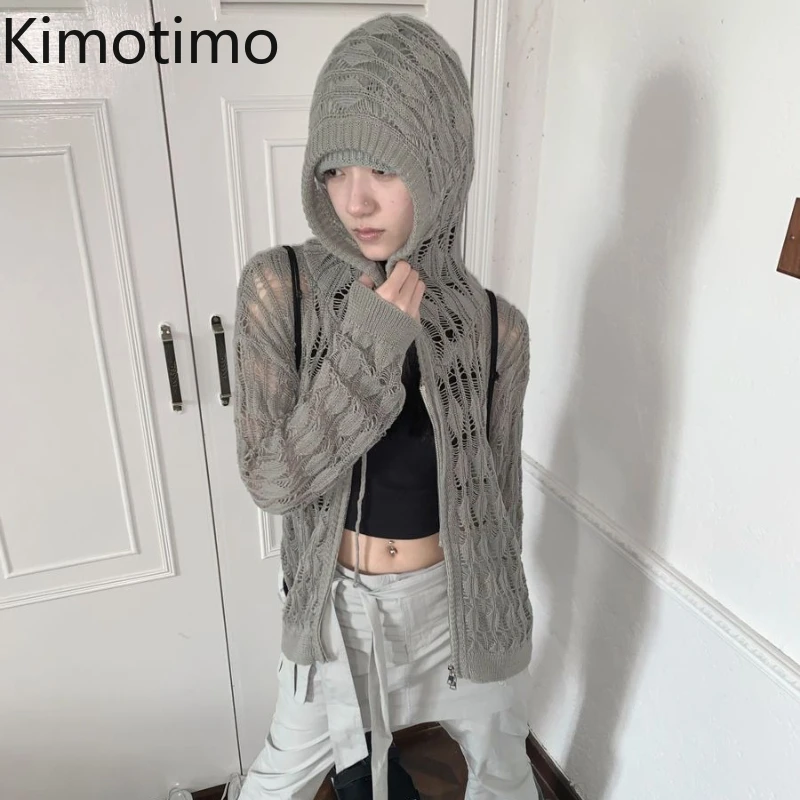 

Kimotimo вязаный кардиган с капюшоном и цветочным принтом, женский винтажный свободный свитер на молнии с длинными рукавами, пальто, осенние повседневные джемперы