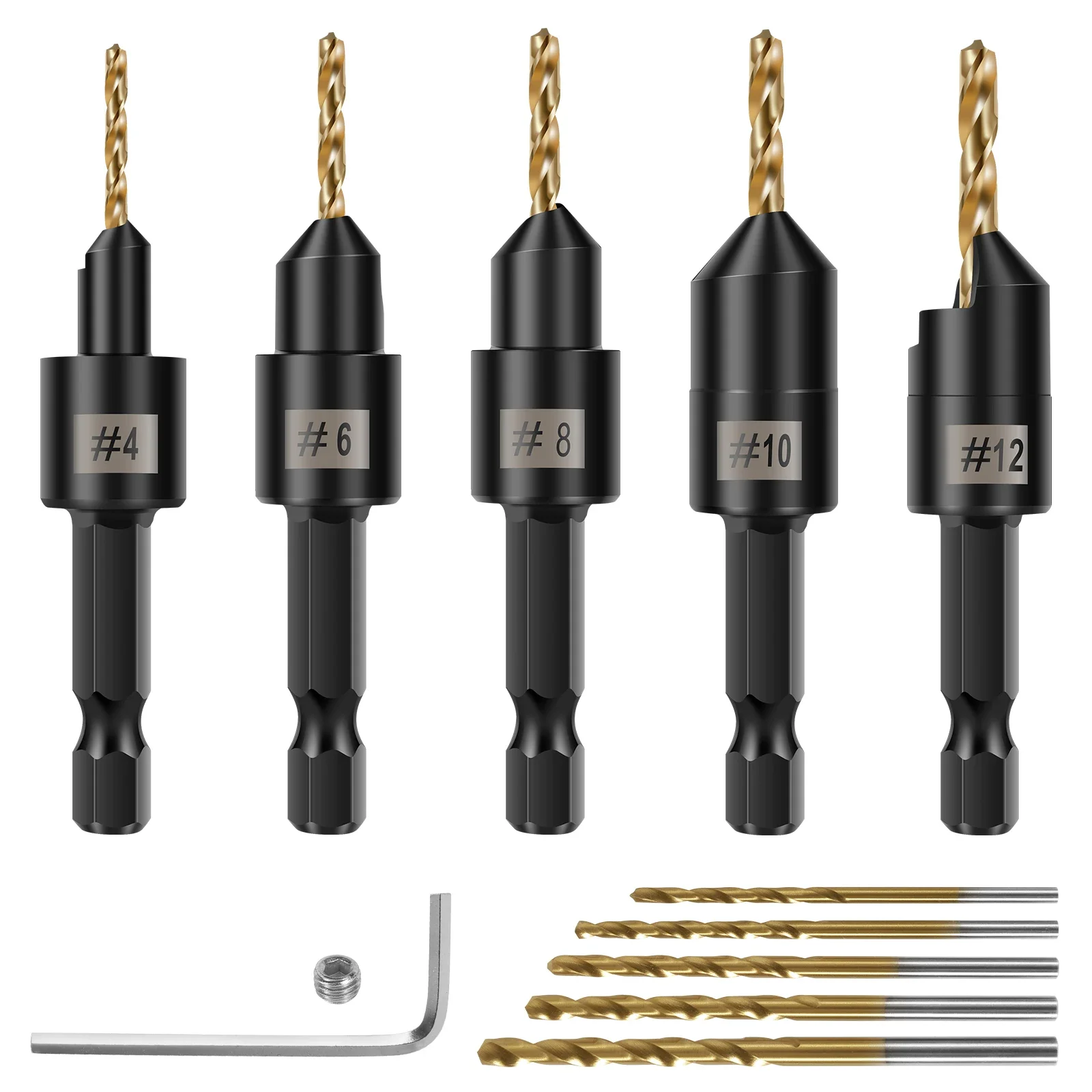 

Набор из 5 сверл-зенкеров для деревообработки, для сверления направляющих отверстий под винты разных размеров # 4 # 6 # 8 # 10 # Сверло для отверстий под винты с 12 лезвиями