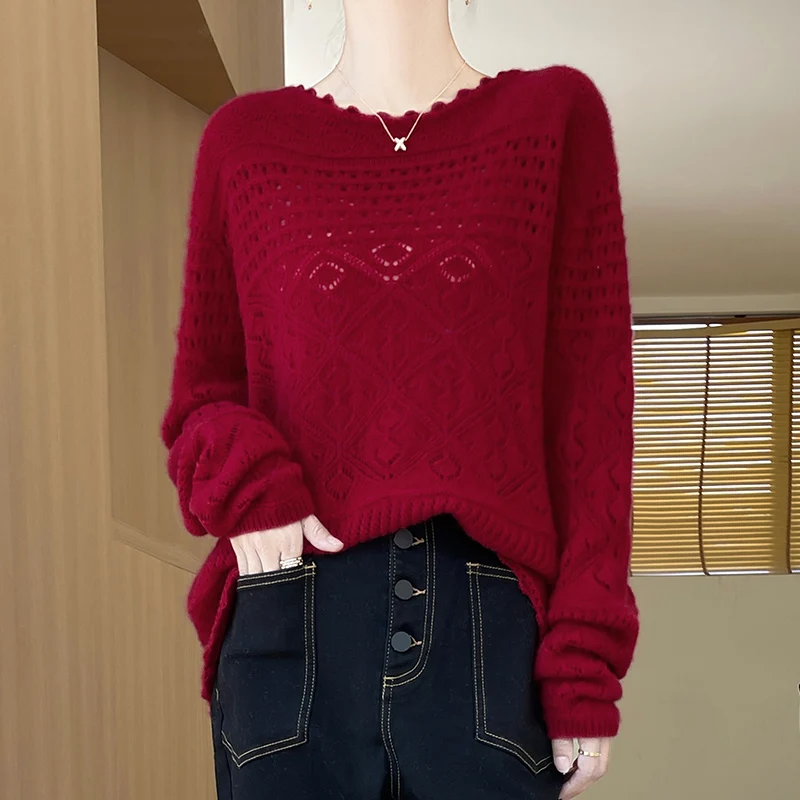 Women\'s Pullover Autumn/Winter 100% Wool Sweater Casual Solid Knit Sweater Round Neck Loose Tops Fashion Korean Hollow Blouse