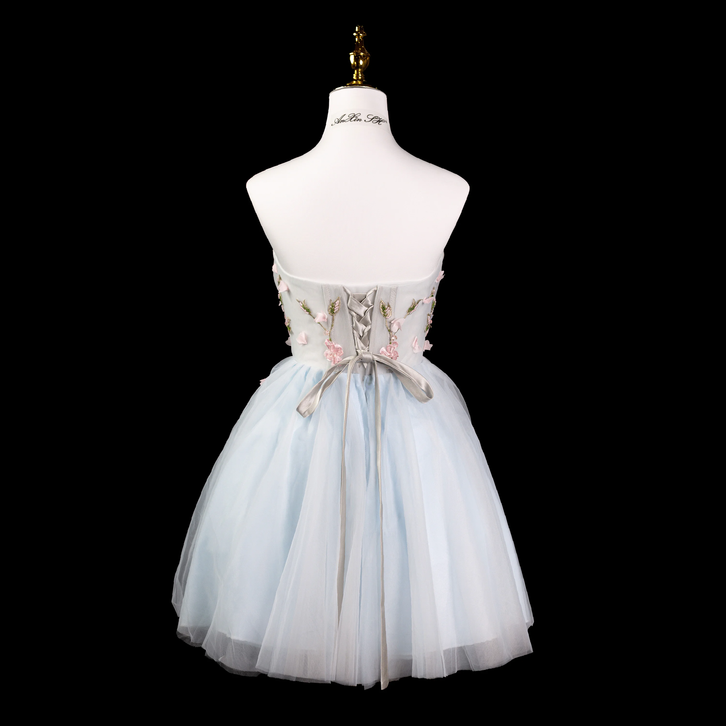 AnXin SH-Robe de soirée en dentelle bleue, tenue de princesse, sans bretelles, perlée, rose, cristal, fleur, nœud, courte, personnalisée, petite robe blanche