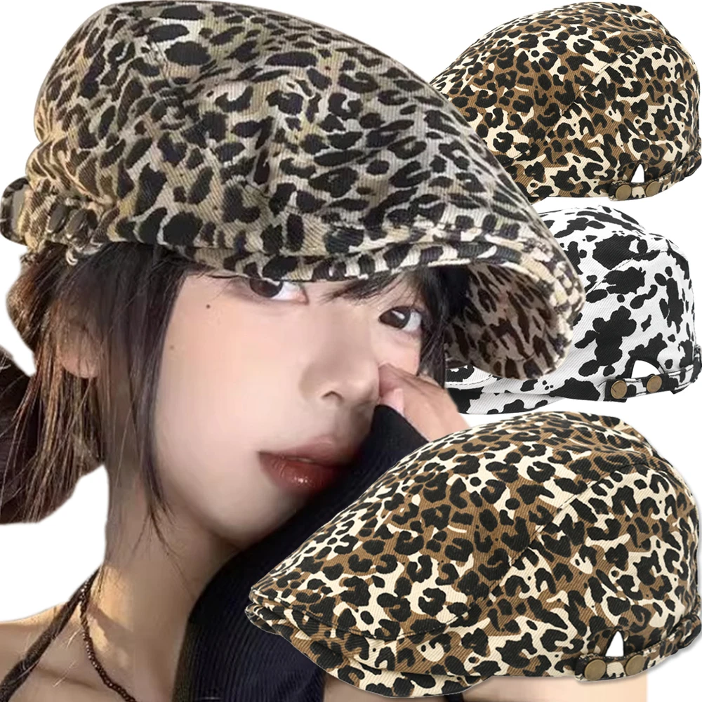 Women Modern Forward Hat Y2K Personality American Retro Spice Leopard Print Beret Casual Sunshade Adjustable Flat Peaked Caps