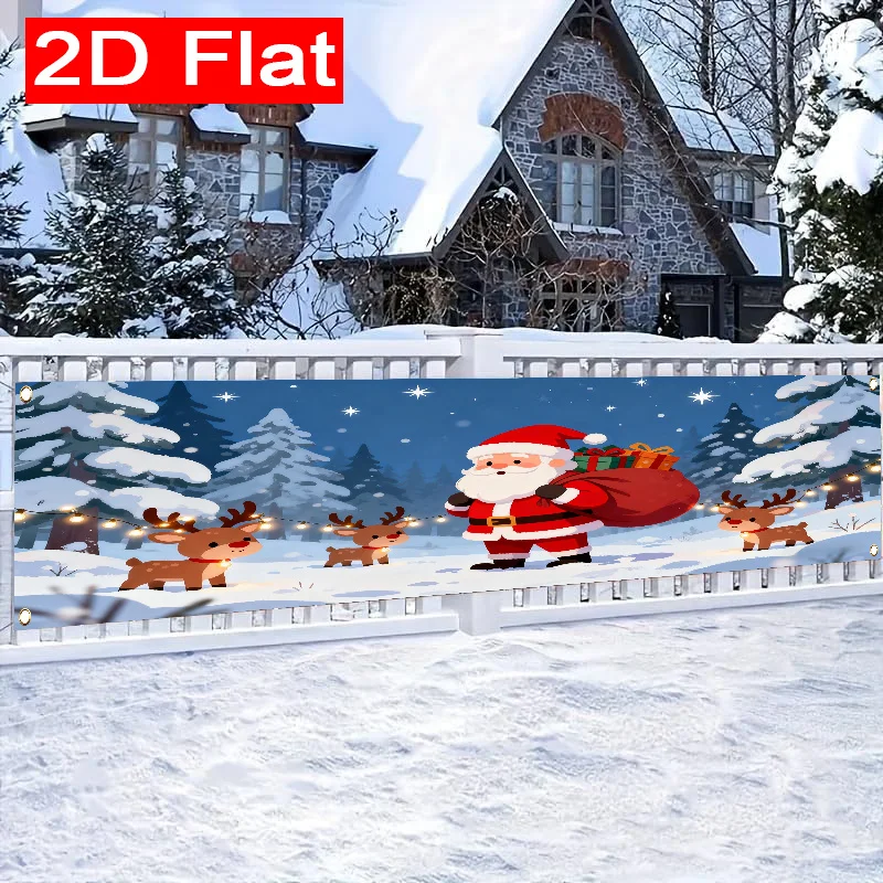 1pc Two‑Dimensional Flat Banner Featuring Santa Claus And Reindeer, Patterned Polyester, Outdoor Decor for Fences, Lawns