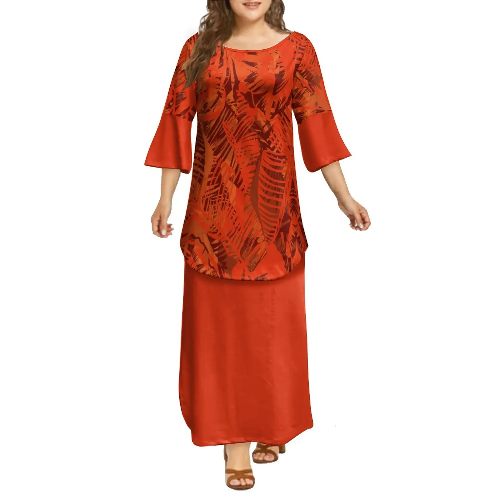 

New Big Round Neck Puletasi 2 Piece Set Polynesian Tribal Tongan Hawaiian Off Shoulder Dress Custom Half Sleeve Top Skirt Suit