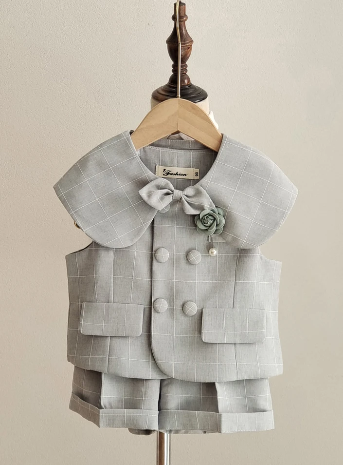 Grauer Karierter Kleinkind-Jungen Anzug Weißes Hemd Sommer Dünne Leinenweste Shorts Fliege Kinder Hochzeit Taufe Formelles Kostüm-Set – Detail 6