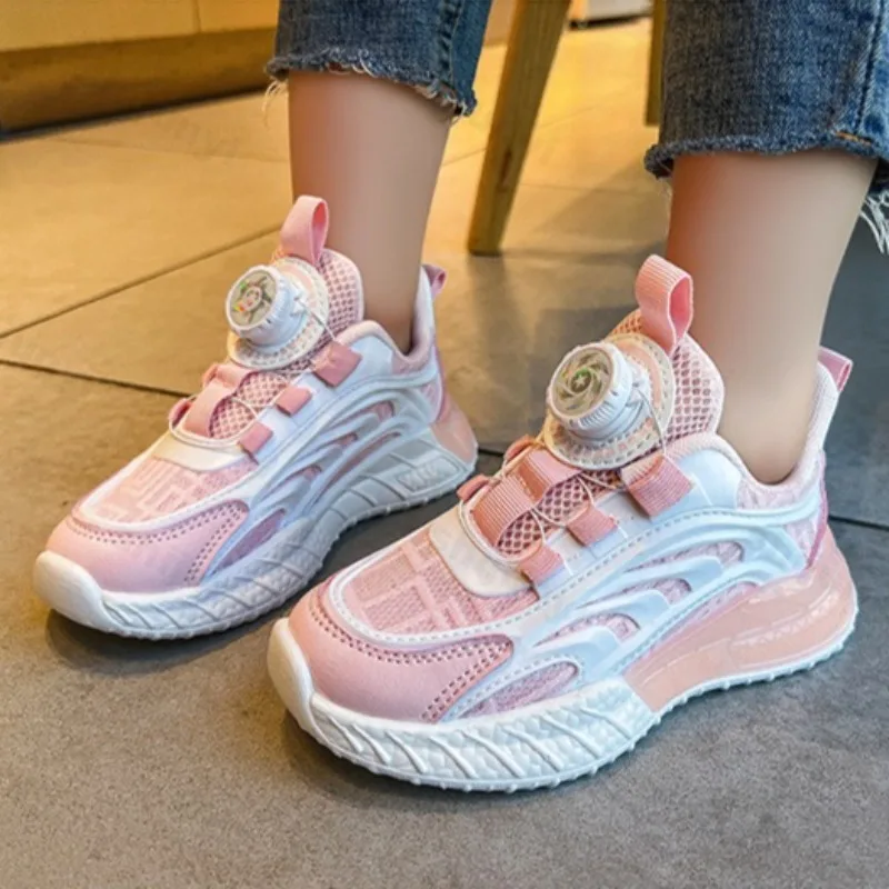 

Childrens Breathable Mesh Sneakers White Sports Shoes Button Design Boys Girls Autumn Comfortable Non Slip Outdoor Running Shoes