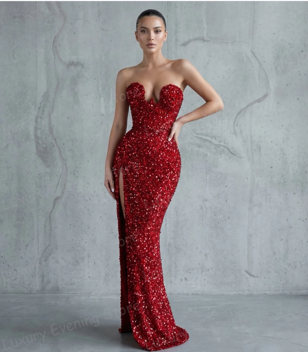 

Простые блестящие вечерние платья для женщин, модные, с пайетками, фасона «русалка», с высоким разрезом по боку, для выпускного вечера, на заказ.