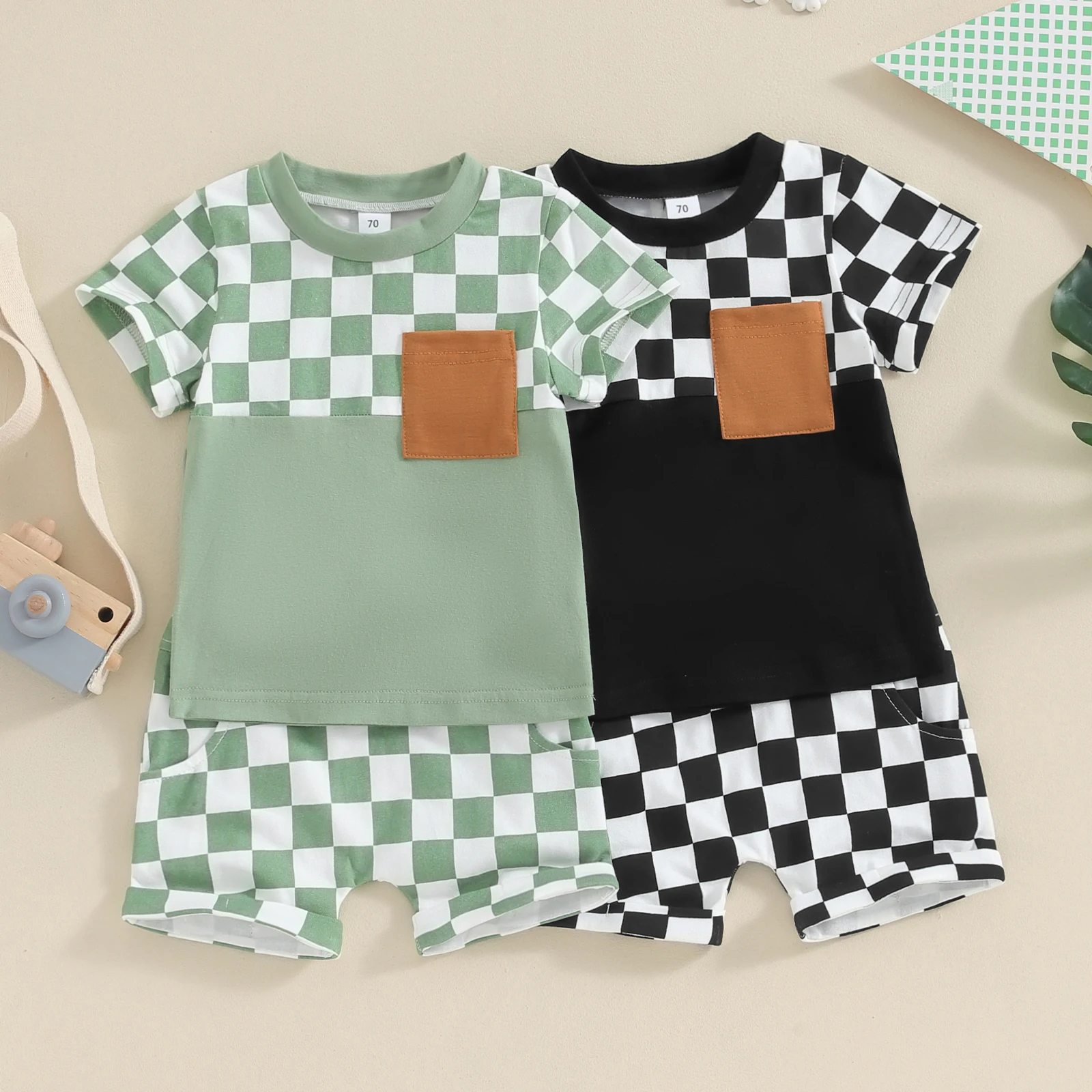 Toddler Boy Summer Clothes Set Checkerboard Print Short Sleeve T-Shirt with Elastic Waist Shorts 2Pcs Casual Boys Outfit