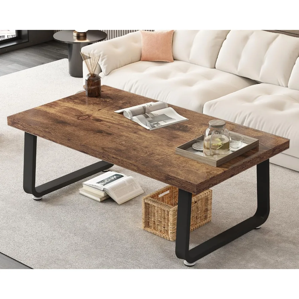 Rustic Coffee Table, Industrial Wood and Metal Center Table, Farmhouse Minimalist Oak Coffee Table for Living Room, Modern Rect
