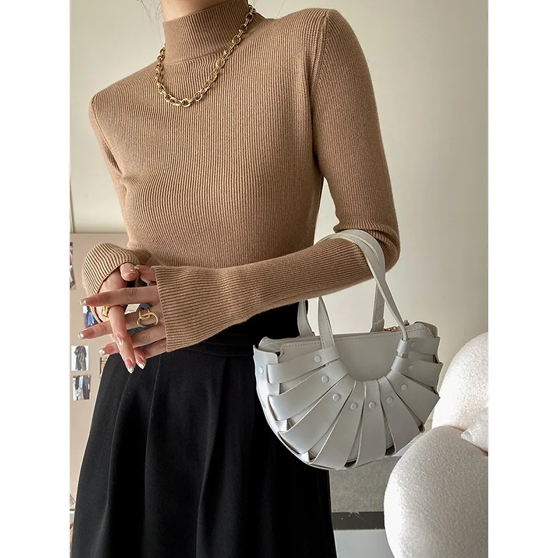 2025 New Arrival French Style Women's Half Turtleneck Long Sleeve Slim Fit Knitted Sweater - Basic Layering Top