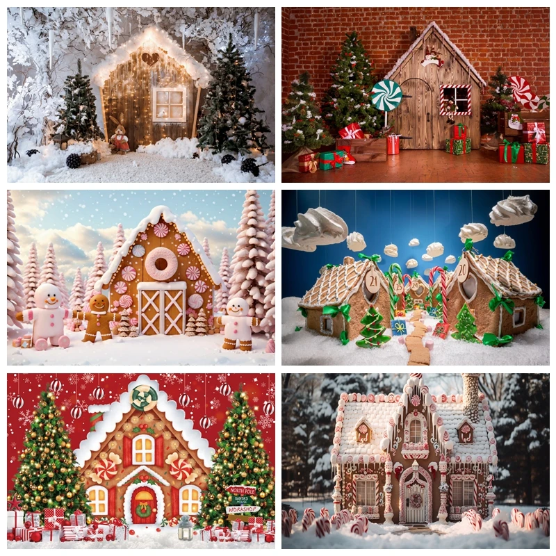 

Christmas Gingerbread House Photography Backdrop Winter Merry Xmas Snow Scene Lollipop Candyland Background Photo Studio Props