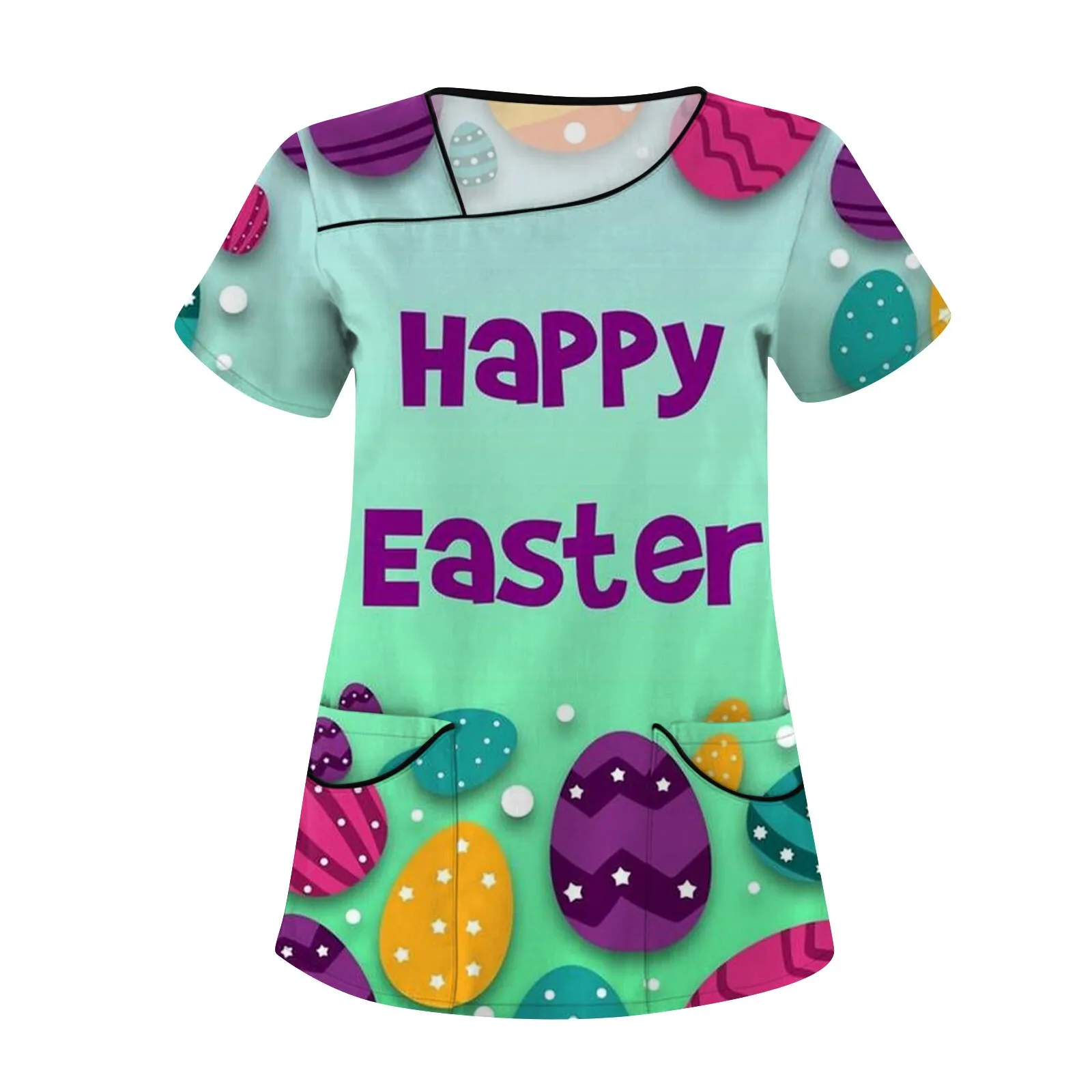 Women'S Casual Nursing Uniform Tops Easter Theme Print Short Sleeve Sloping Collar Care Tops With Double Pockets Plus Size Tees