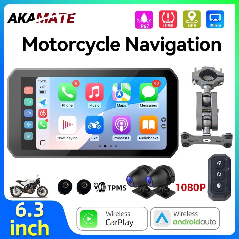 6.3Inch 4+64GB Motorcycle Navigation Monitor Wireless CarPlay Android Auto Bluetooth Waterproof IP67 Display Screen Android 12