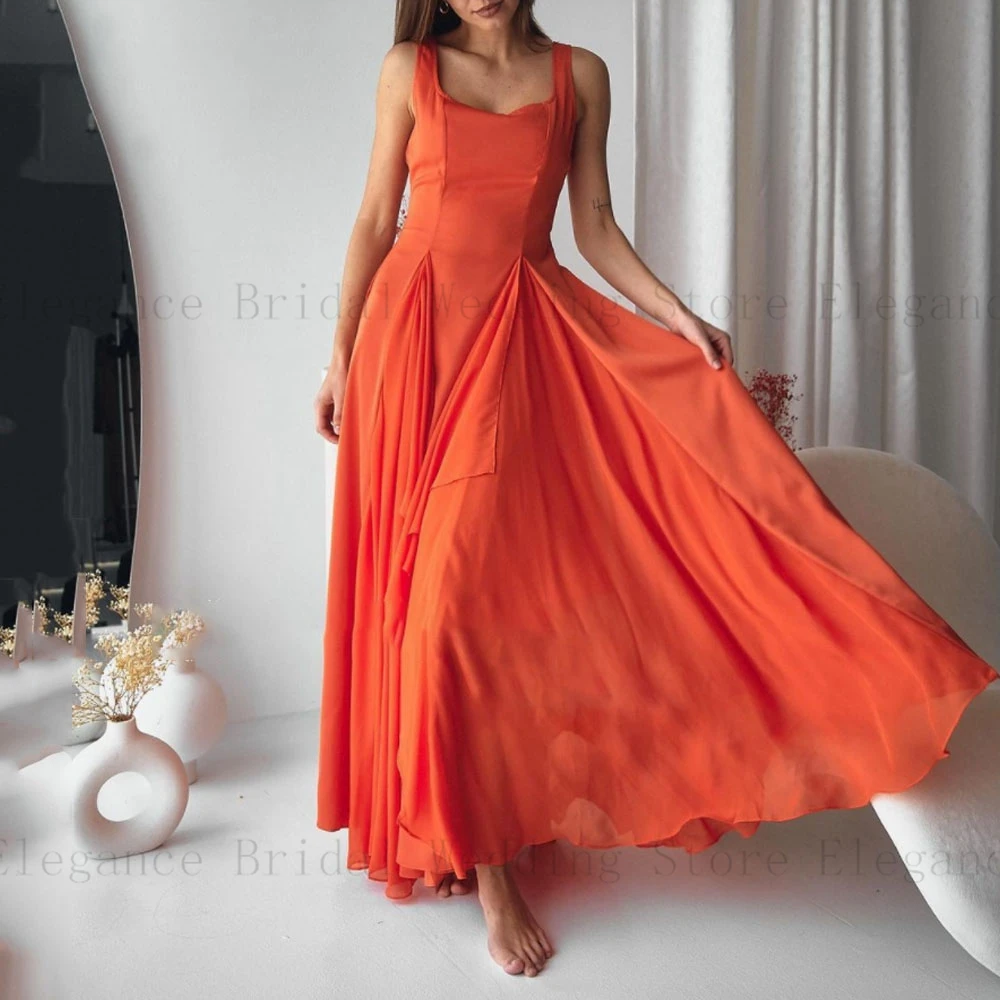 

Orange Chiffon Evening Dresses for Wedding Tea-Length Saudi A-Line Party Dress for Teens Spaghetti Straps vestidos para mujer