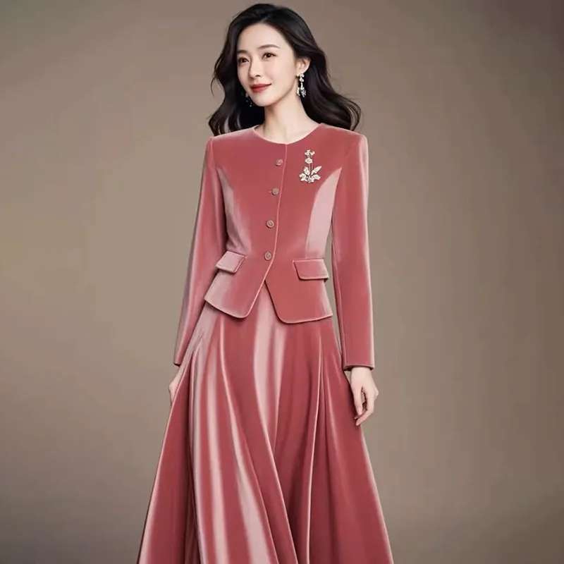 

Chic Y2K Velvet Skirt Sets Women's 2025 Spring Autumn New Fashion Loose Elegant Long Sleeve Top + Skirt Two-Piece Sets