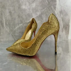 Décolleté Bling con diamanti pieni dorati donna tacchi alti a spillo scarpe singole scarpe basse con strass rossi per signora taglia grande 43