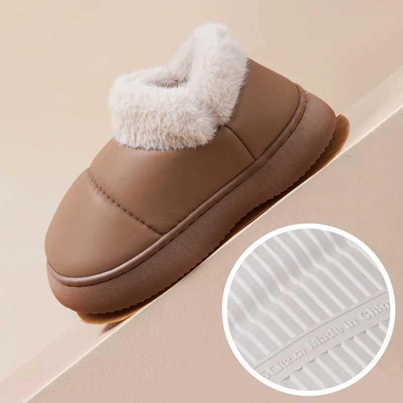 Waterproof Non-Slip Snow Boots Women Faux Fur Soft Sole Plush Ankle Boots Woman Pu Leatherflat Heel Warm Cotton-Padded Shoes