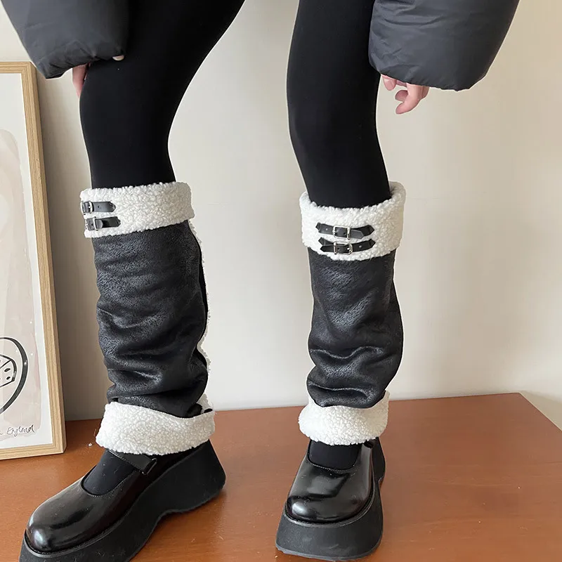 Punk Thickened Lamb's Wool Suede Leg Warmers Ball PU Winter Warm Plush Knee Warmer Socks Cold Protective Y2k Boots Cover Socks