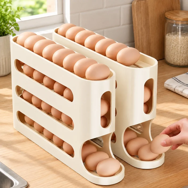 4-Tier Ladder Style Egg Storage Rack for Refrigerator Side Door with Auto Rolling Mechanism and Spacious Design