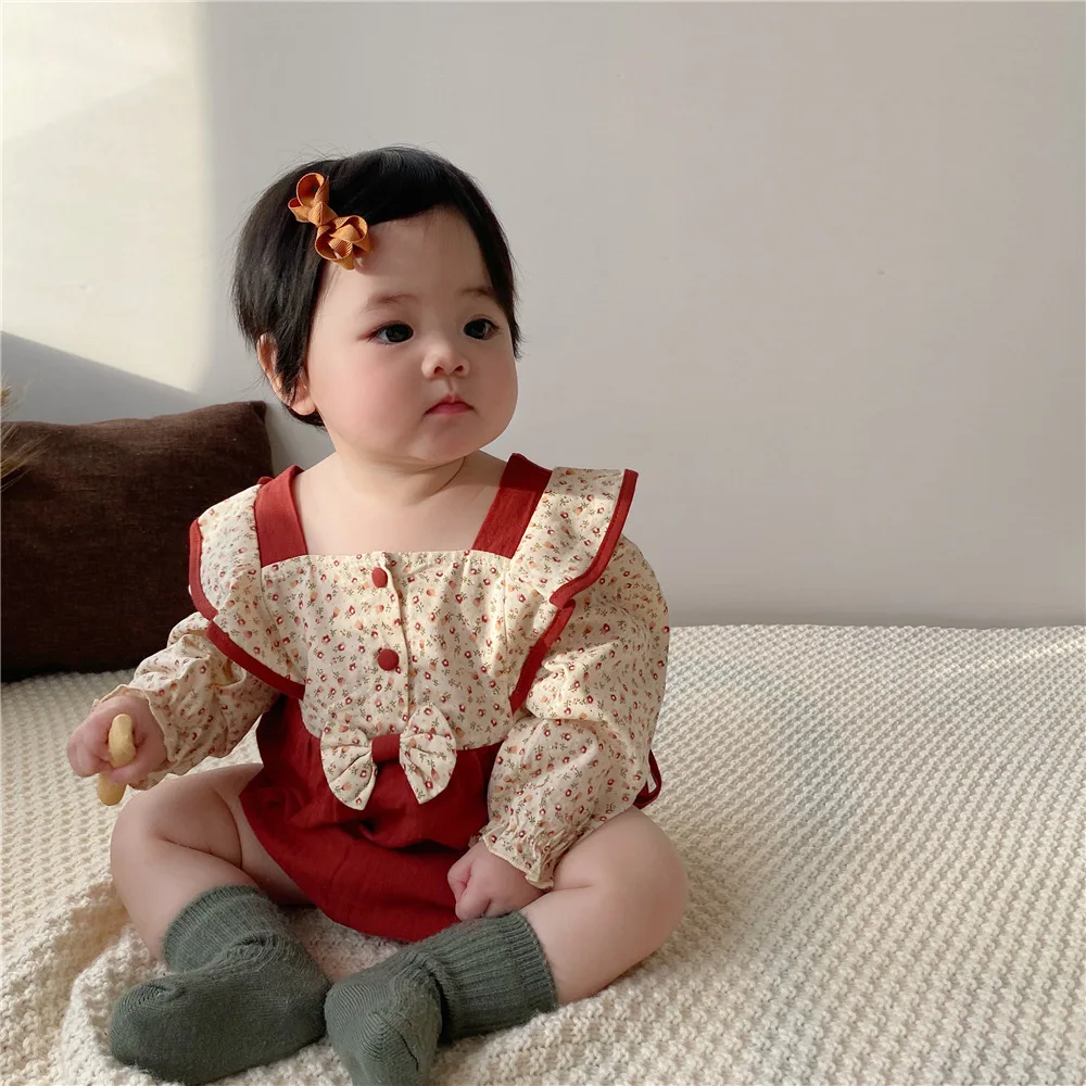 

Детский комбинезон, весенне-осенний новый комбинезон с длинными рукавами и цветными блоками, маленький свежий комбинезон с цветочным принтом для девочек, новинка 2023 года