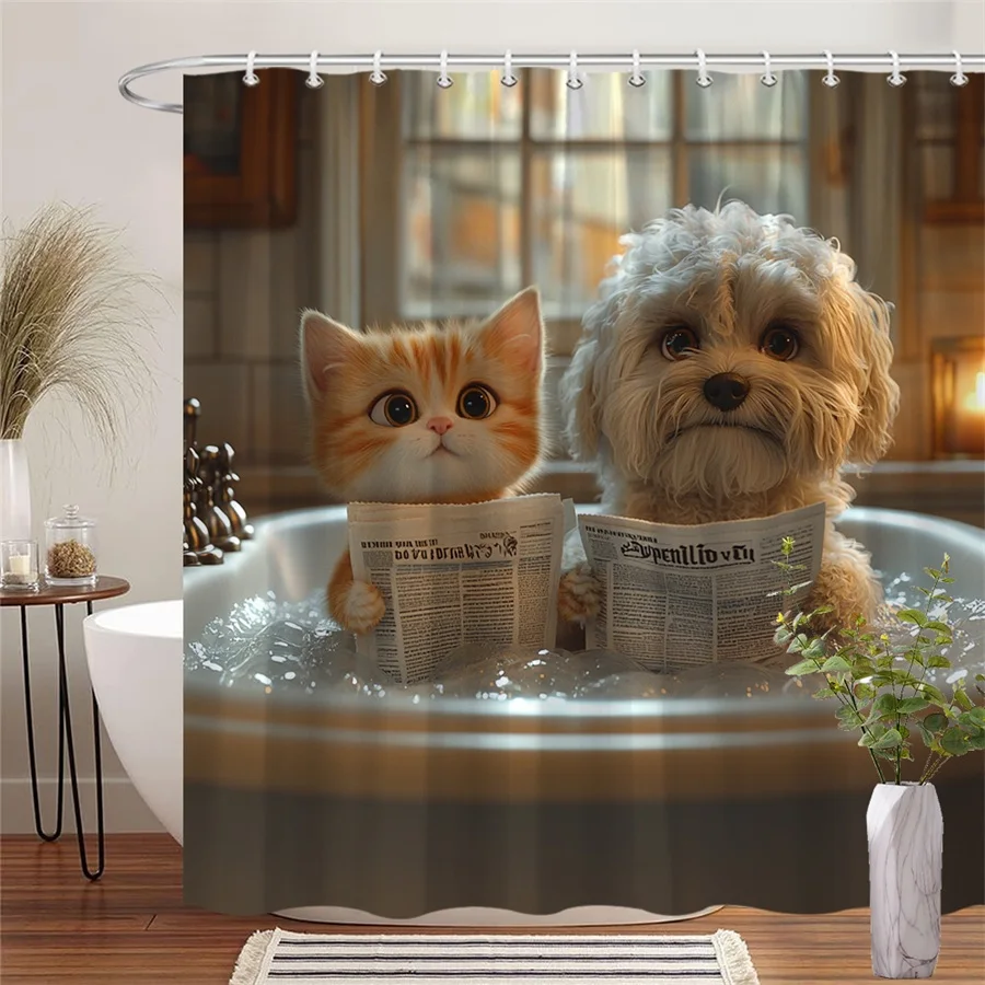 1pc 2D Flat Shower Curtain, Ginger Tabby Kitten & White Poodle Reading Newspaper Printed Shower Curtain