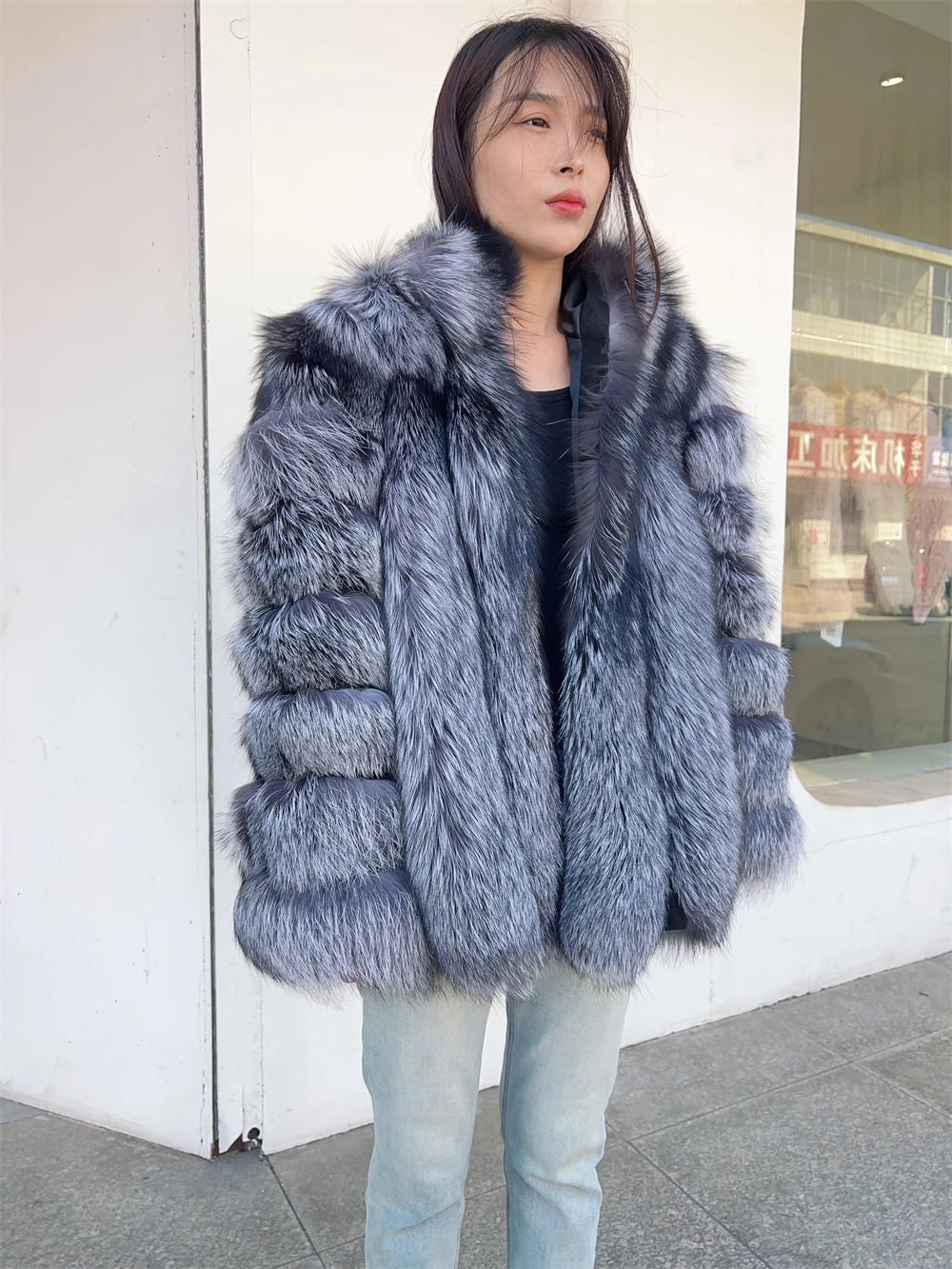 Hooded Silver Fox Fur Coat Women Full Sleeves Plus Size Female Genuine Cropped Thick Fox Fur Jacket With Hood Winter