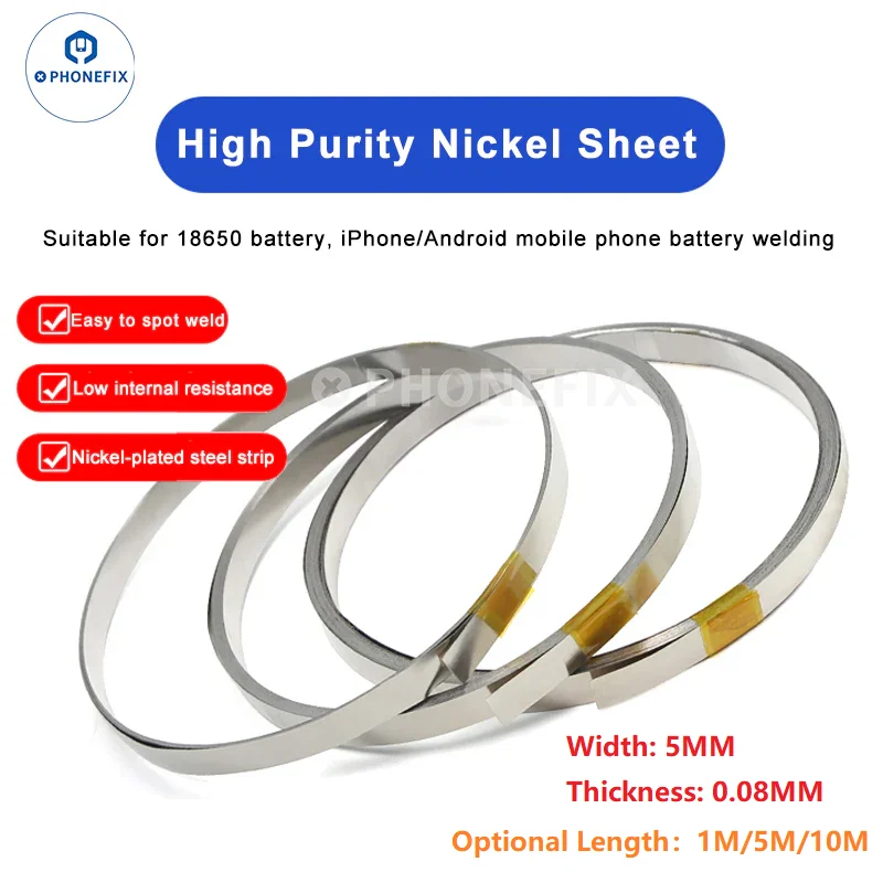 

Никелевый лист 18650, длина 1 м, 5 м, 10 м, ширина 5 мм, никелевая полоса для аккумулятора iPhone, Android мобильный телефон, лист соединителя для точечной сварки аккумулятора
