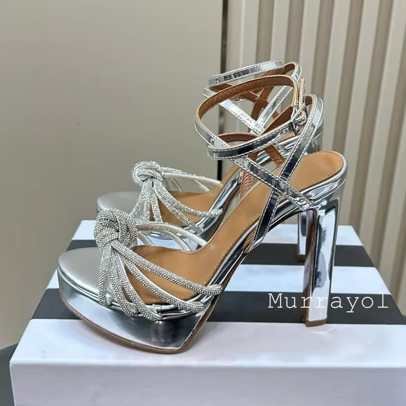 جديد حجر الراين ديكور منصة مقاومة للماء Sandalias النساء جلد طبيعي هايت الكعب الصنادل الصيف فستان الحفلات أحذية مضخات