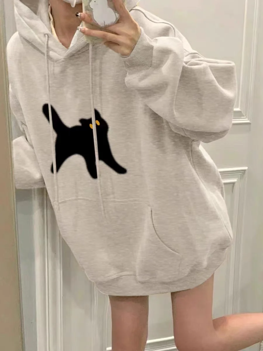

Cartoon Grey Hoodie Women's Spring Autumn Winter Lazy Style Loose Design Sense Fleece Lined Hooded Overhead Shirt