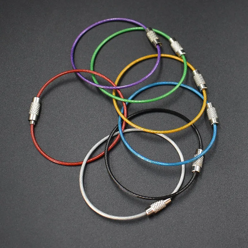 10Pcs Colorful EDC Keychain Stainless Steel Carabiner Key Holder Outdoor Tools Wire Keyrings Cable Rope Screw Locking Key Chain