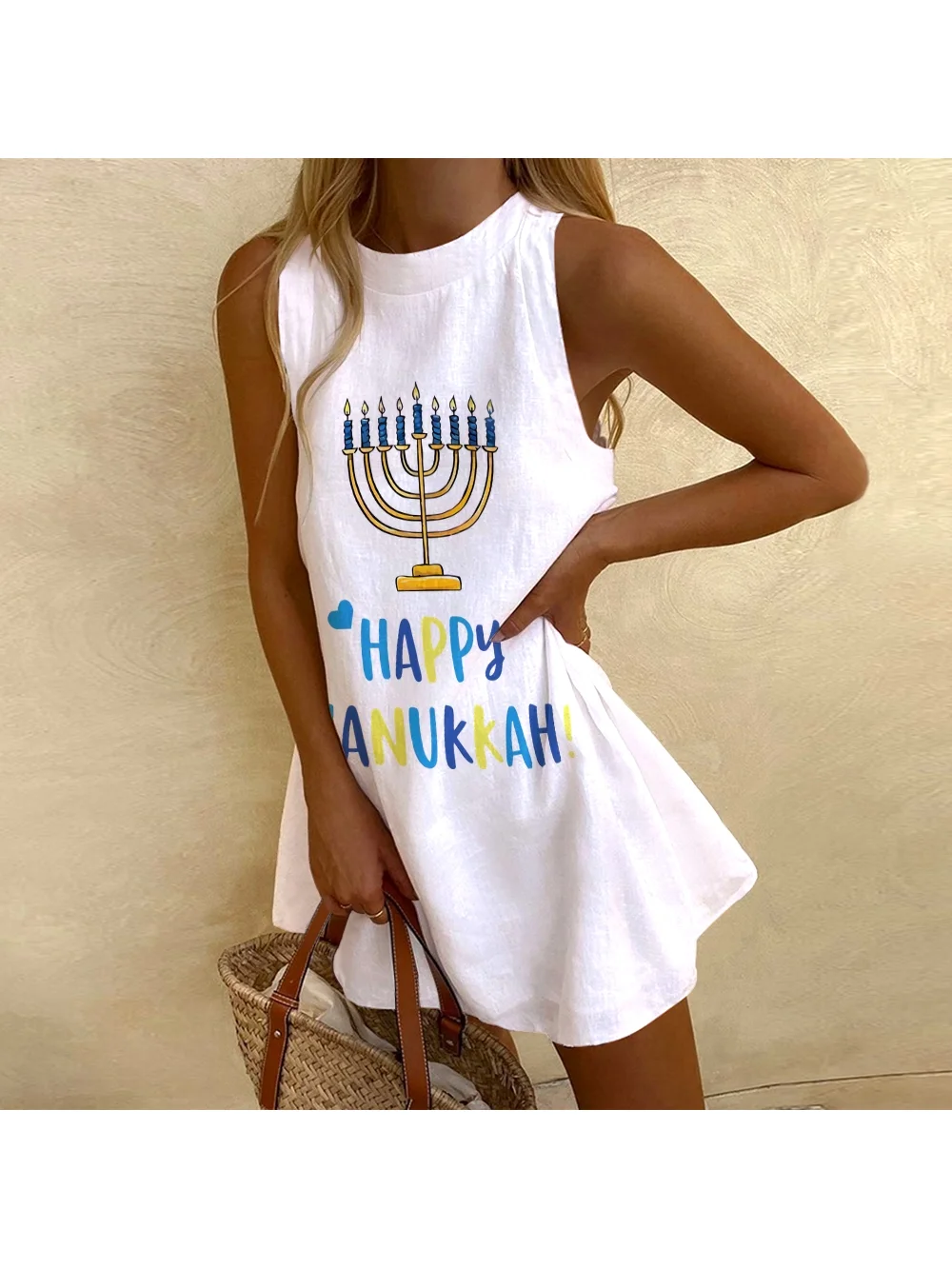 Happy Hanukkah Printed Sleeveless Crew Neck Beach Dress Ladies Chic Casual High Waist A-shaped Vacation Dress Solid Color