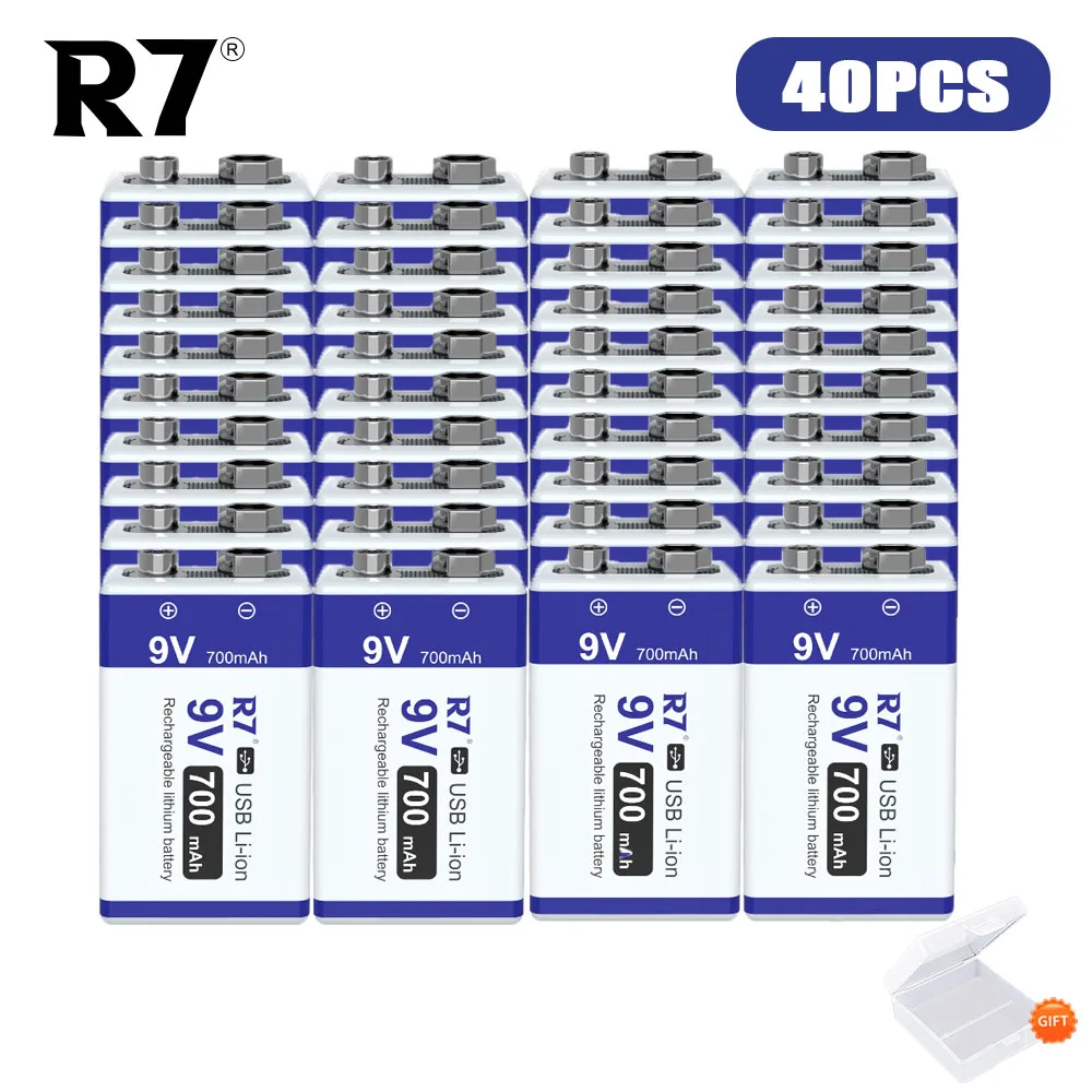 40 قطعة R7 9 فولت بطارية ليثيوم أيون قابلة للشحن 700 مللي أمبير 9 فولت بطاريات USB ليثيوم 9 فولت 6F22 للكشف عن الدخان للكشف عن المعادن