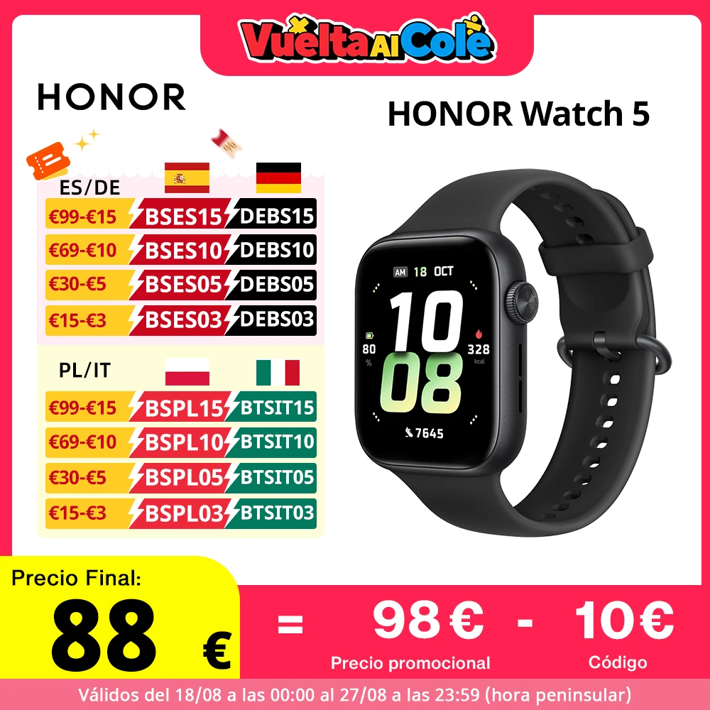 Versione globale HONOR Watch 5 Smartwatch Tracciamento GPS preciso Scansione rapida della salute Display grande da 1,85 pollici Fino a 15 giorni di lunga durata della batteria GPS supportato IP68