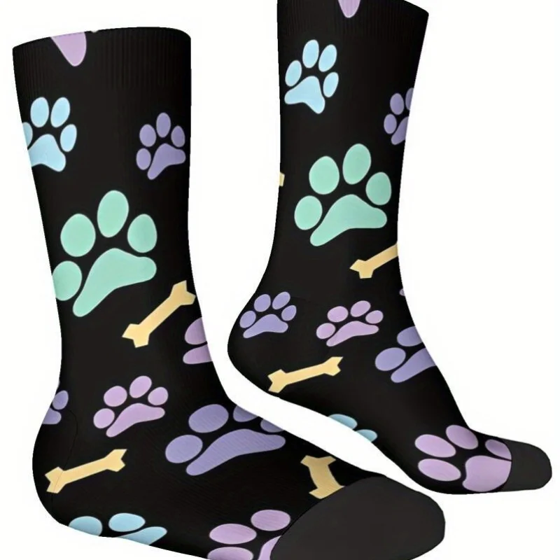 

1 Pair Breathable Moisture-Wicking Mid-Calf Socks with Pastel Puppy Paw Prints & Bones on Black - All-Season Casual