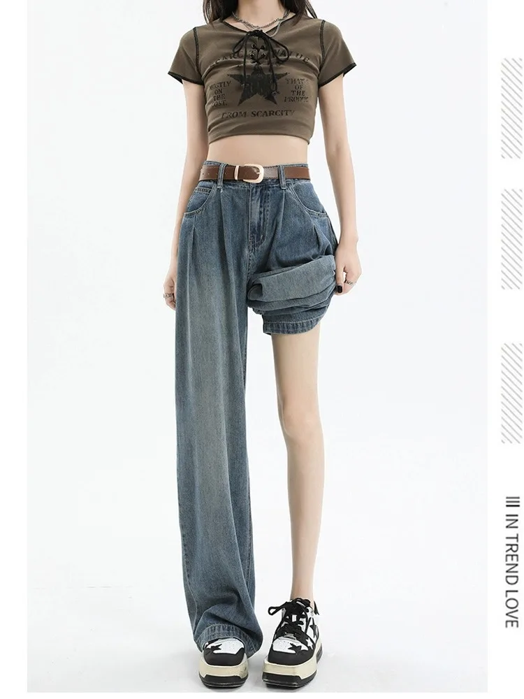 جينز ريترو عالي الخصر وواسع الساق من قماش الدنيم سروال طويل مطوي للشارع لخريف 2023 وصل حديثًا من القطن المطاطي