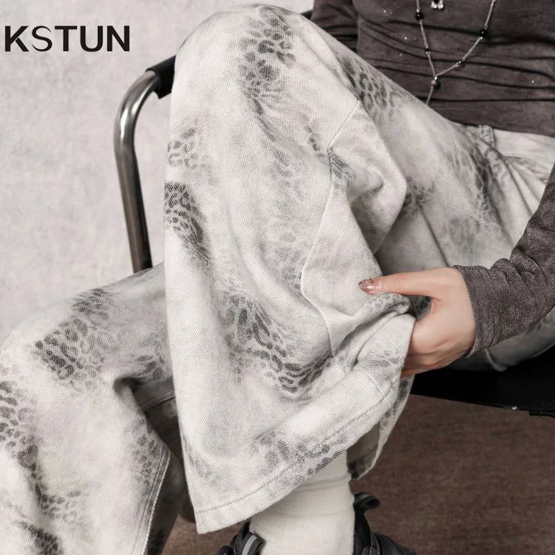 

KSTUN Wide Leg Jeans Women High Waisted Baggy Pants Retro Leopard Print Straight Leg Jeans Streetwear Denim Trousers 100% Cotton