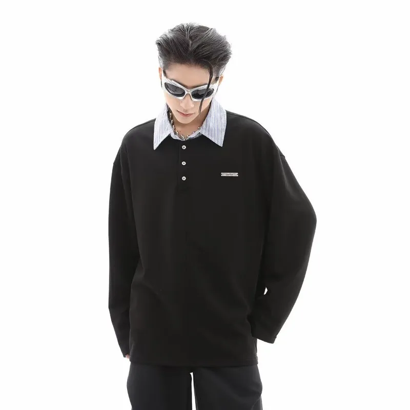 

Spring and Autumn Splicing Polo T Shirt for Men Korean Luxury Harajuku Fashion Xl Man Sweatshirt Designer Elegant Emo Pullovers